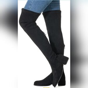 N.N.G Black Suede Womens Stretchy Thigh, High Chunky Heel Boots
